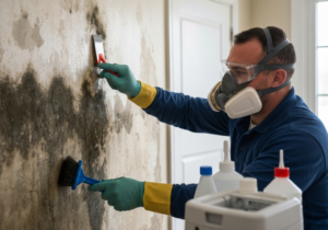 Odgrzybianie ścian po zalaniu – etapy prac od osuszania mechanicznego po chemię budowlaną.